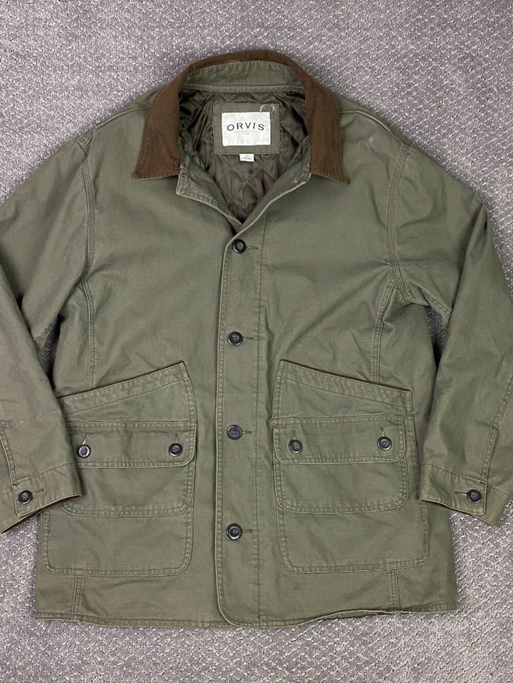 Orvis Chore Jacket Coat Mens Large Olive Green Barn Canvas Work Corduroy Collar